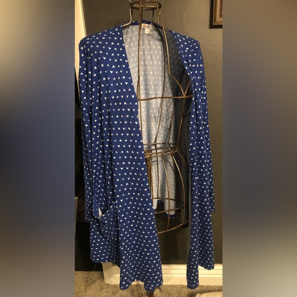 LuLaRoe Royal Blue Cardigan with White Heart Print
